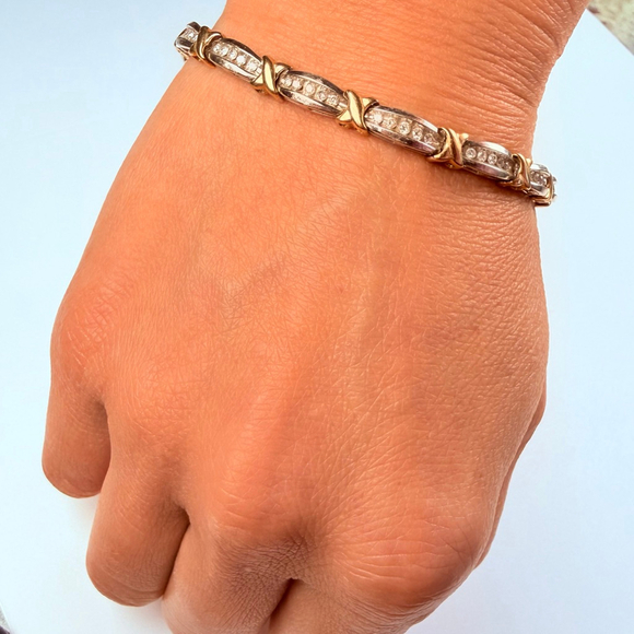 Estate 10K Solid Two Tone Gold 1.4 CT Natural Diamond X Bypass Tennis Bracelet - Picture 11 of 12